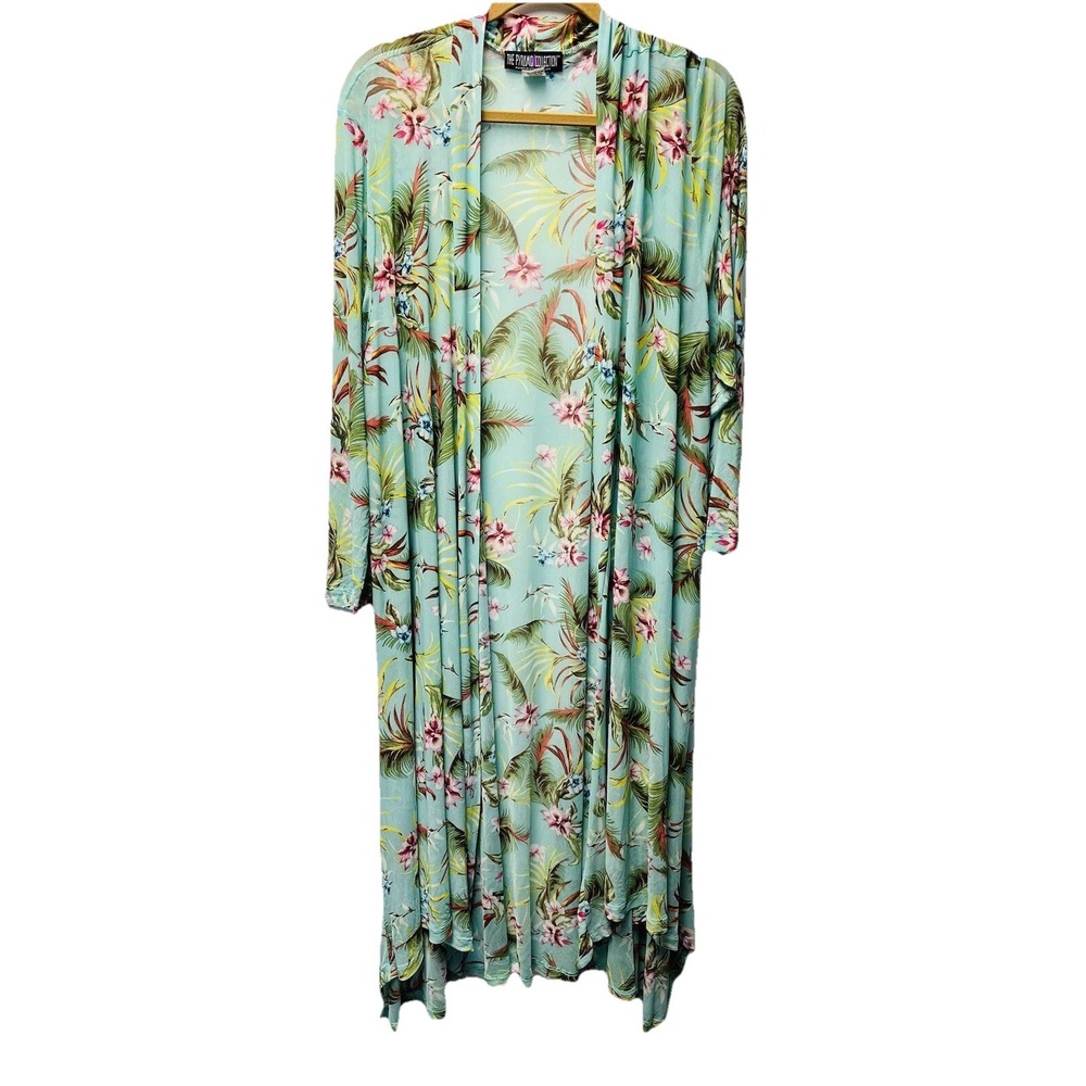 The Pyramid Collection 2X Plus Mint Green Tropical Floral Mesh Duster‎ Cardigan